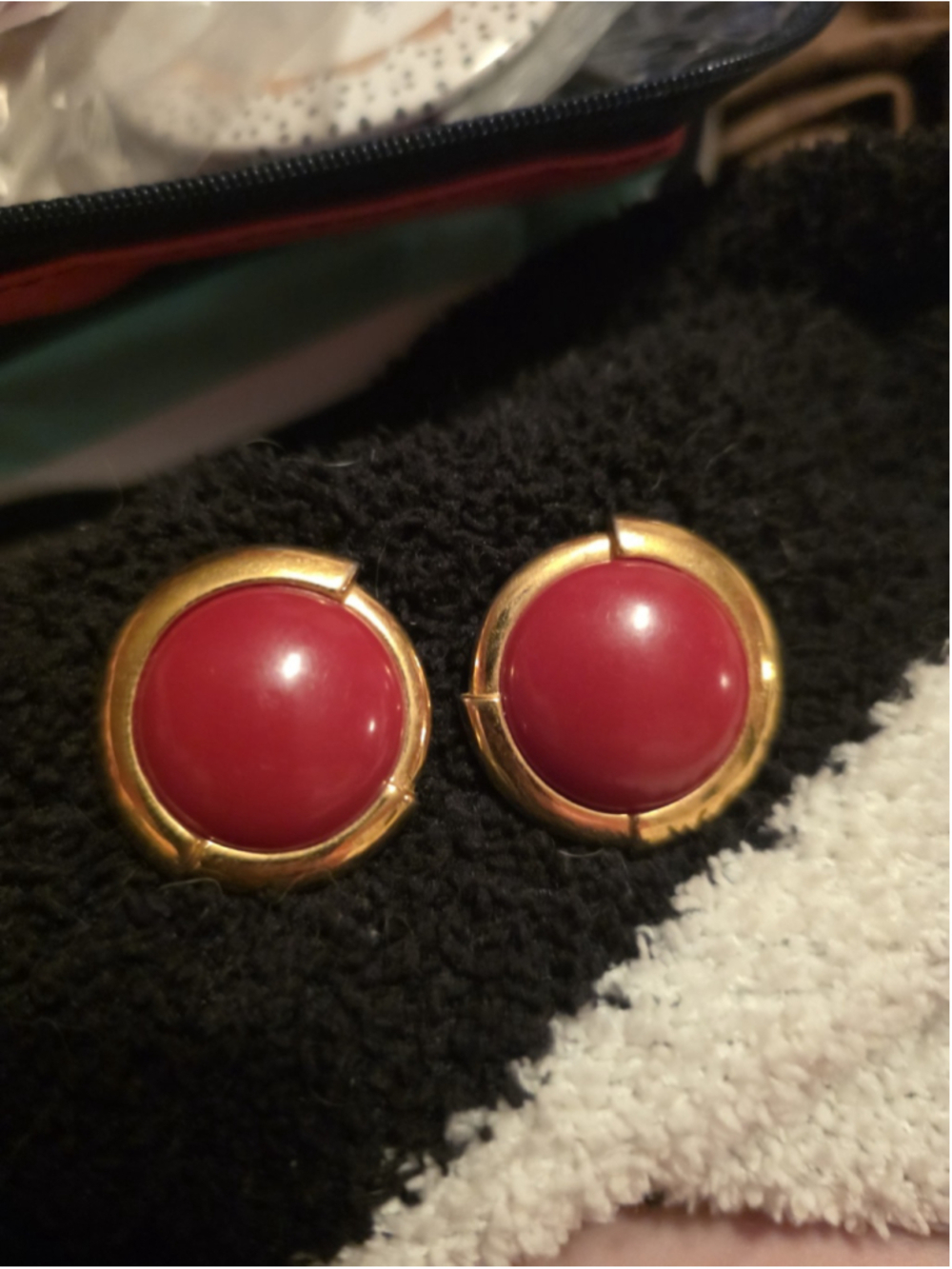 Monet Vintage Gold Tone Red Cabochon Clip On Earrings Etruscan Revival Round